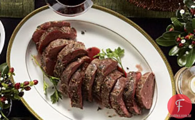 Lombo de carne assado lentamente com Ragoût de cogumelo Duplo