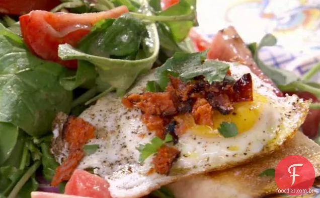 Salada de tomate, cebola roxa e rúcula com ovo frito, chouriço grelhado e Provoleto Crostini grelhado