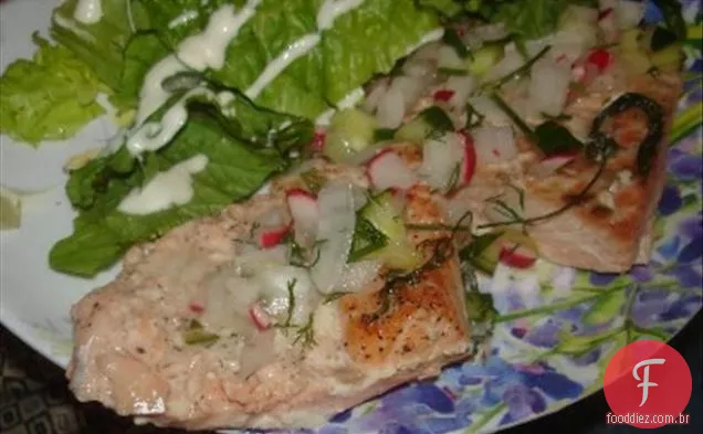 Salmão escalfado no forno a La Paige (Rachael Ray)
