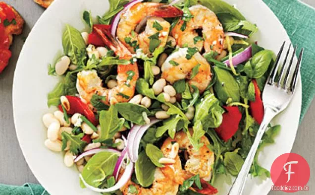 Camarão Herbed e Salada De Feijão Branco