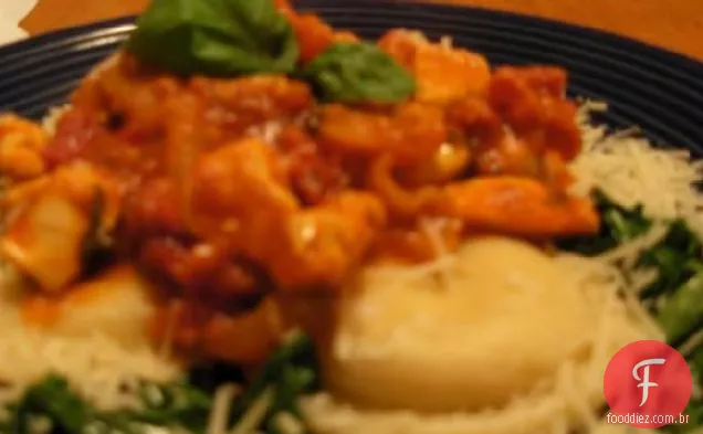 Frango picante Rustica em Ravioli e rúcula