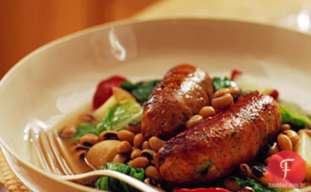 Ervilhas de olhos pretos com escarola, batata e Linguiça de Peru